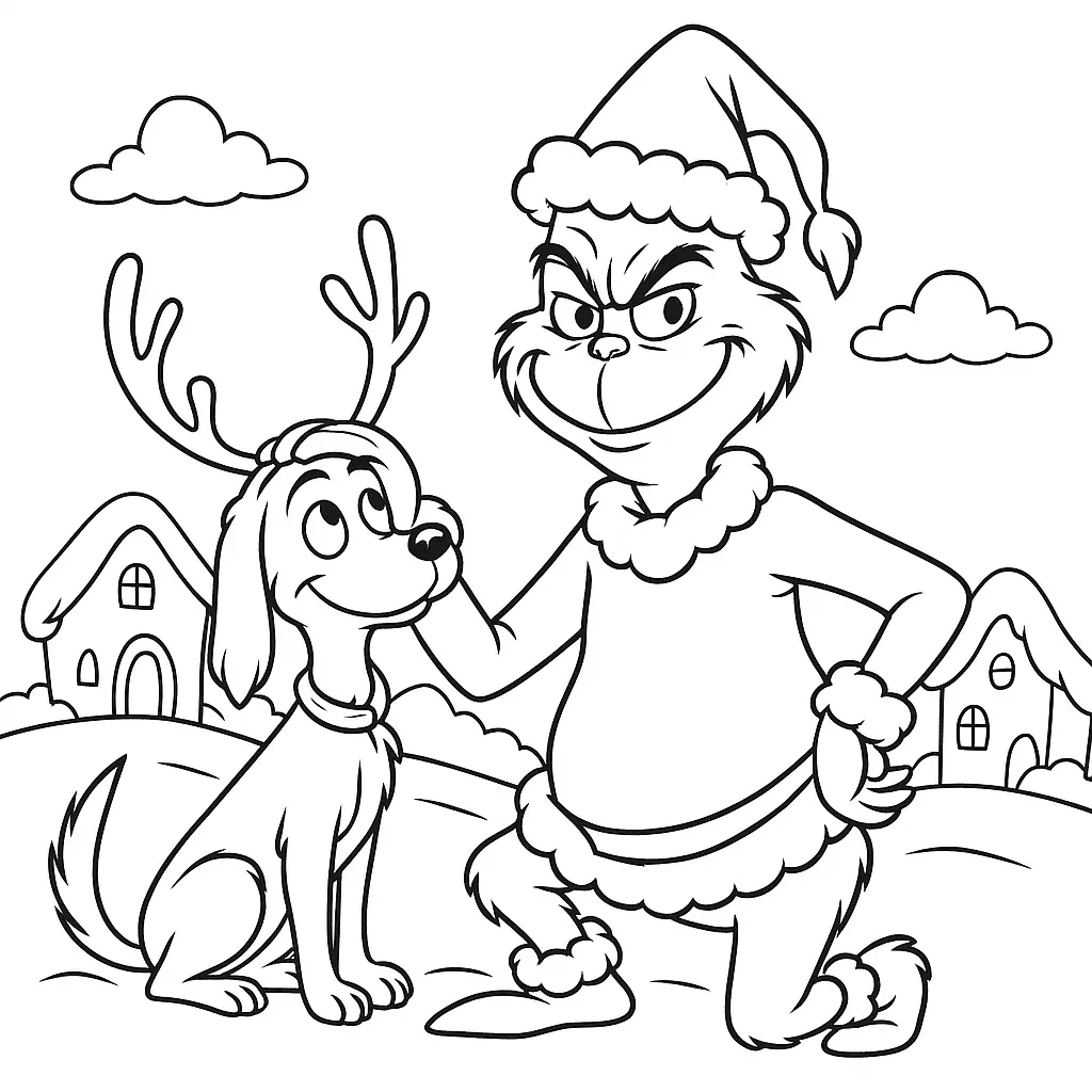 20+ Grinch Ausmalbilder (Gratis Malvorlage zum Ausdrucken) Grinch und sein Hund Max als Rentier verkleidet vor verschneiter Whoville-Kulisse
