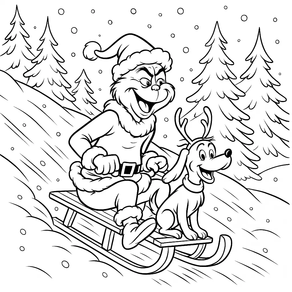 20+ Grinch Ausmalbilder (Gratis Malvorlage zum Ausdrucken) Der Grinch und Max rodeln fröhlich einen verschneiten Hügel hinunter