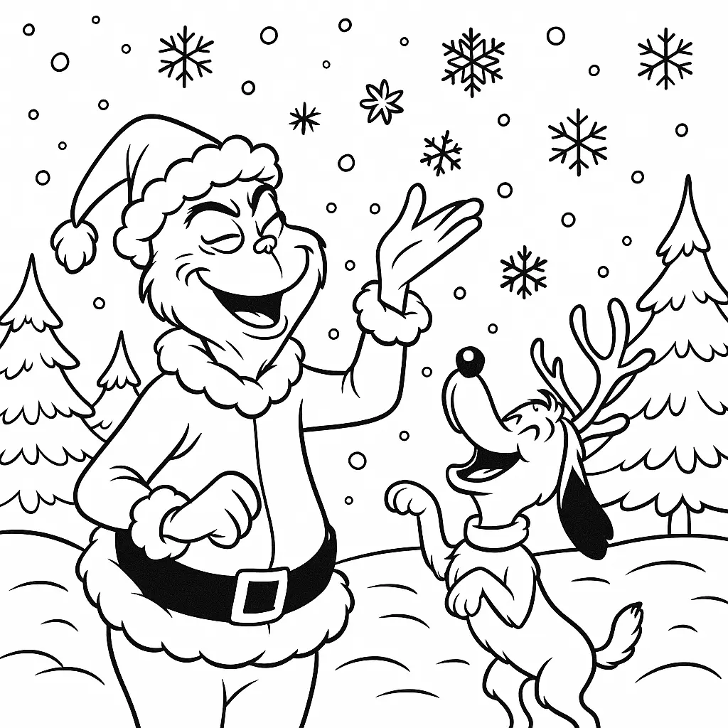 20+ Grinch Ausmalbilder (Gratis Malvorlage zum Ausdrucken) Der Grinch und Max fangen fröhlich Schneeflocken im verschneiten Winterwald