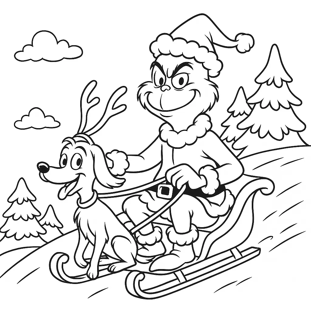 20+ Grinch Ausmalbilder (Gratis Malvorlage zum Ausdrucken) Grinch fährt im Schlitten mit Max als Rentier durch verschneite Landschaft – Ausmalbild für Kinder