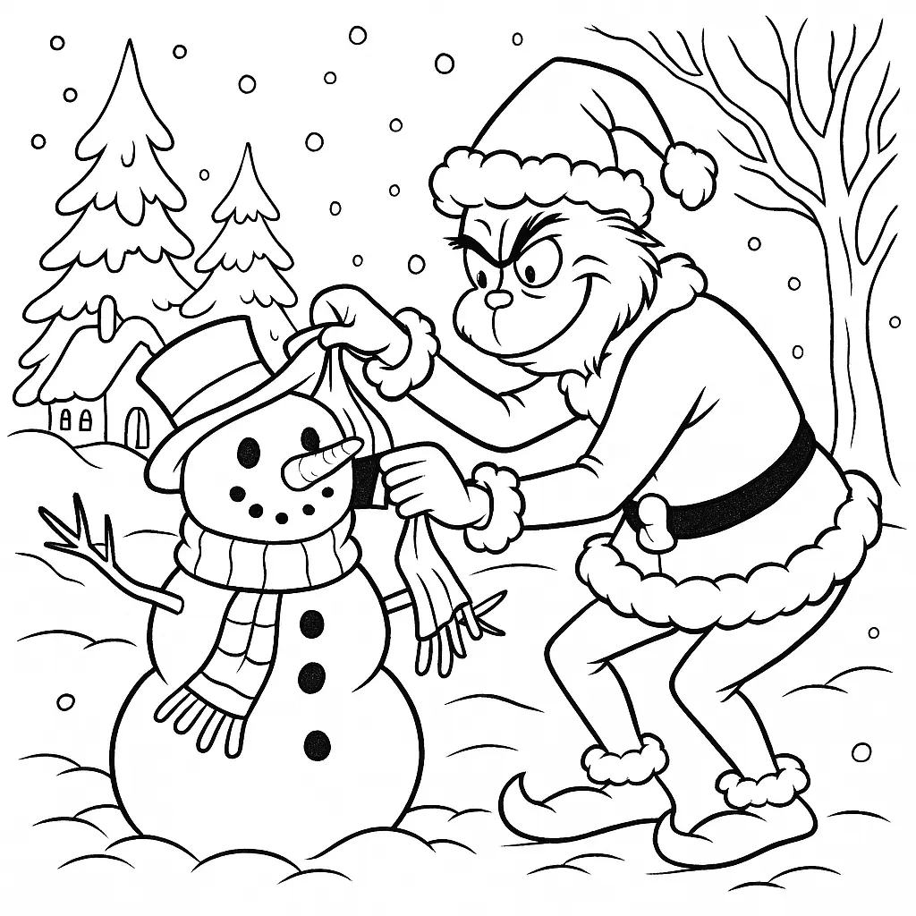 20+ Grinch Ausmalbilder (Gratis Malvorlage zum Ausdrucken) Ausmalbild mit dem Grinch, der einem Schneemann die Dekoration abnimmt