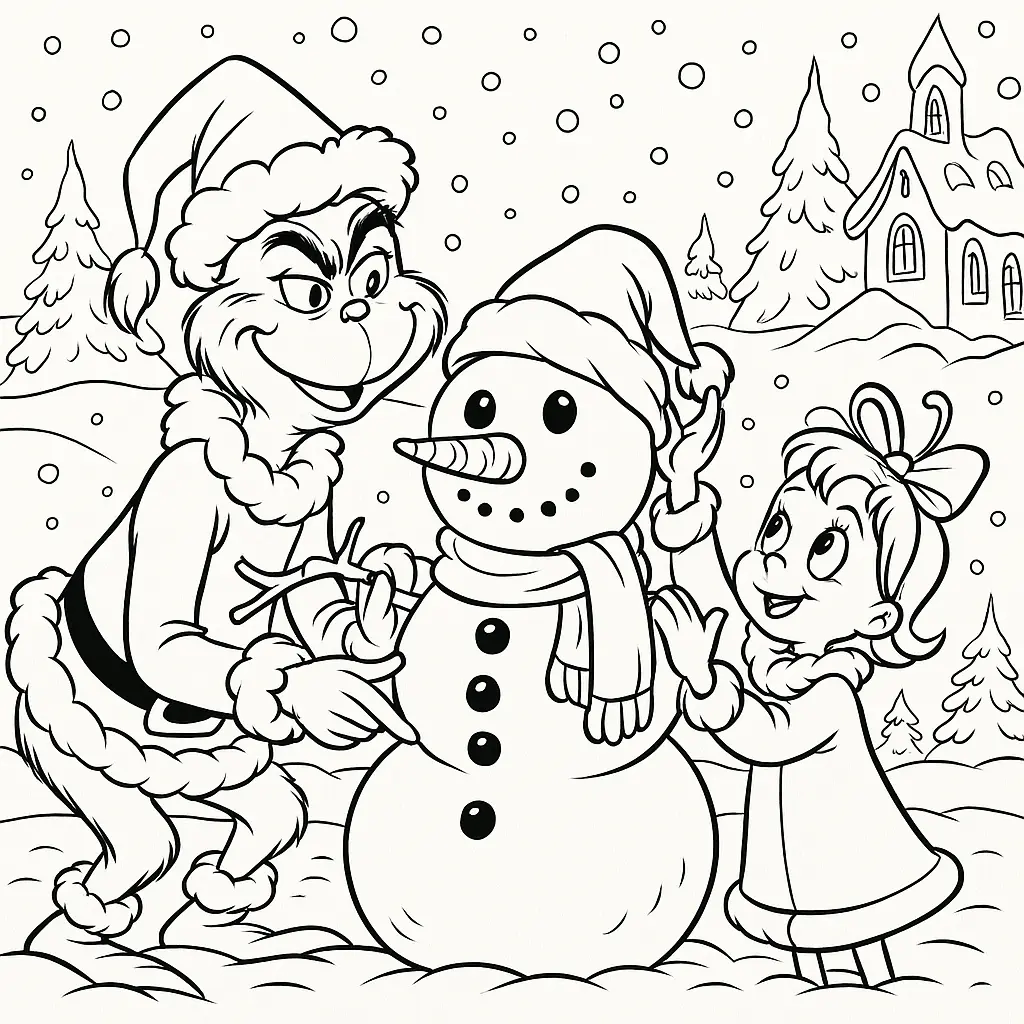 20+ Grinch Ausmalbilder (Gratis Malvorlage zum Ausdrucken) Der Grinch baut zusammen mit Cindy Lou Who einen Schneemann in Whoville
