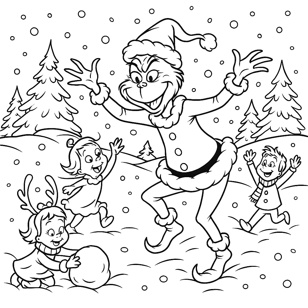 20+ Grinch Ausmalbilder (Gratis Malvorlage zum Ausdrucken) Grinch spielt fröhlich im Schnee mit Kindern aus Whoville
