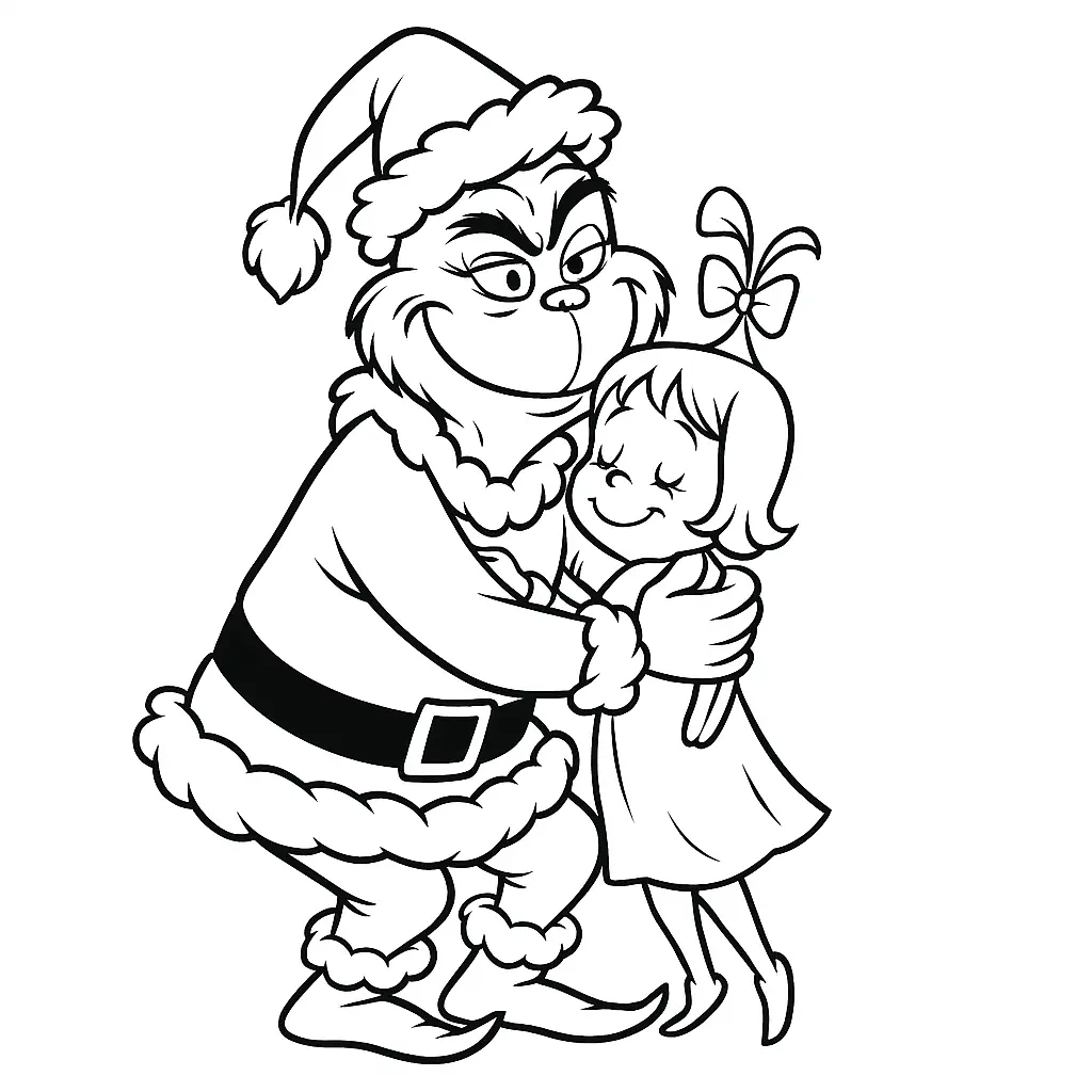 20+ Grinch Ausmalbilder (Gratis Malvorlage zum Ausdrucken) Herzerwärmendes Ausmalbild: Der Grinch umarmt Cindy Lou Who in Whoville