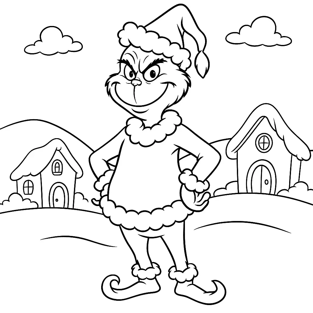 20+ Grinch Ausmalbilder (Gratis Malvorlage zum Ausdrucken) Ausmalbild des Grinch im Weihnachtsmannkostüm vor verschneitem Whoville-Hintergrund