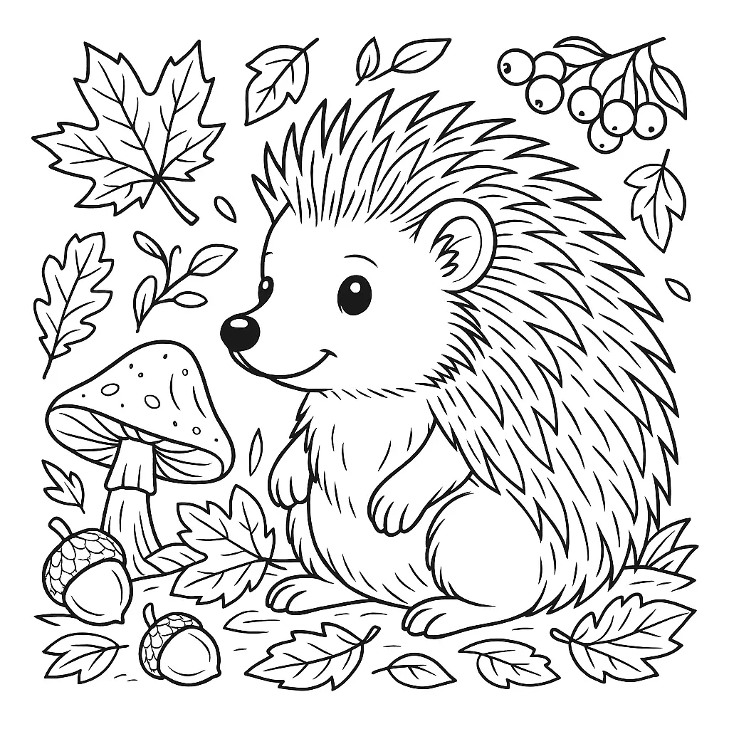 28 Ausmalbilder Igel (Kostenlose Malvorlage PDF zum drucken) Herbstliches Igel Ausmalbild mit Blättern, Pilzen und Eicheln – kostenloses PDF