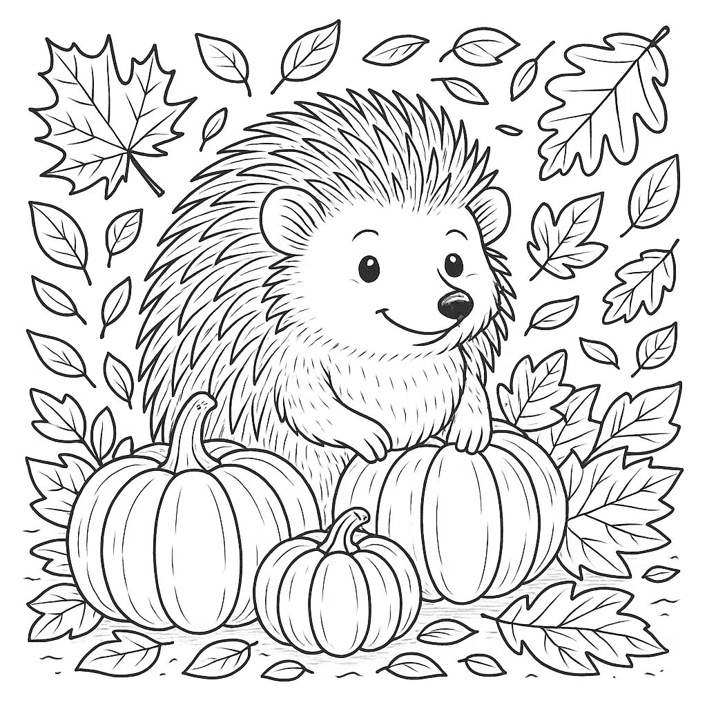 28 Ausmalbilder Igel (Kostenlose Malvorlage PDF zum drucken) Igel inmitten von Kürbissen und Herbstblättern – ideal zum Ausmalen für Kinder in der goldenen Jahreszeit.