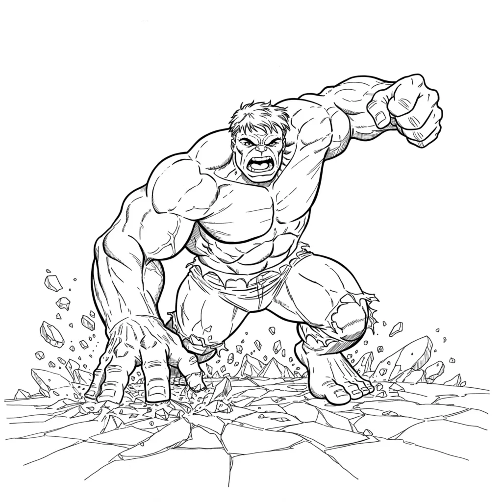 20 Hulk Ausmalbilder (Marvel Malvorlagen Kostenlos drucken) Hulk schlägt mit beiden Fäusten auf den Boden, Risse und Trümmer fliegen um ihn herum – starkes Superhelden-Motiv zum Ausmalen.