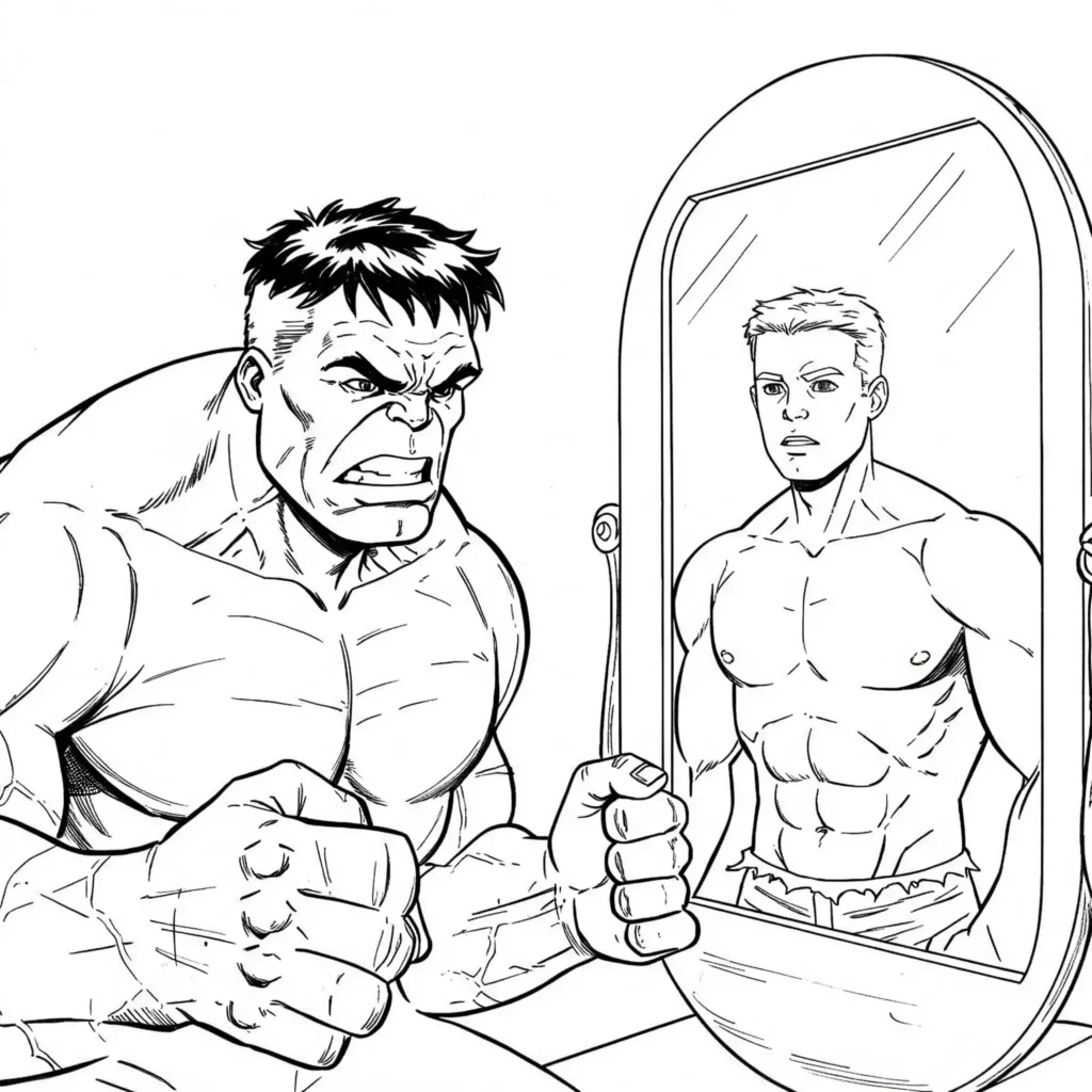20 Hulk Ausmalbilder (Marvel Malvorlagen Kostenlos drucken) Hulk blickt in den Spiegel und sieht Bruce Banner – symbolisches Marvel-Motiv als Ausmalbild.