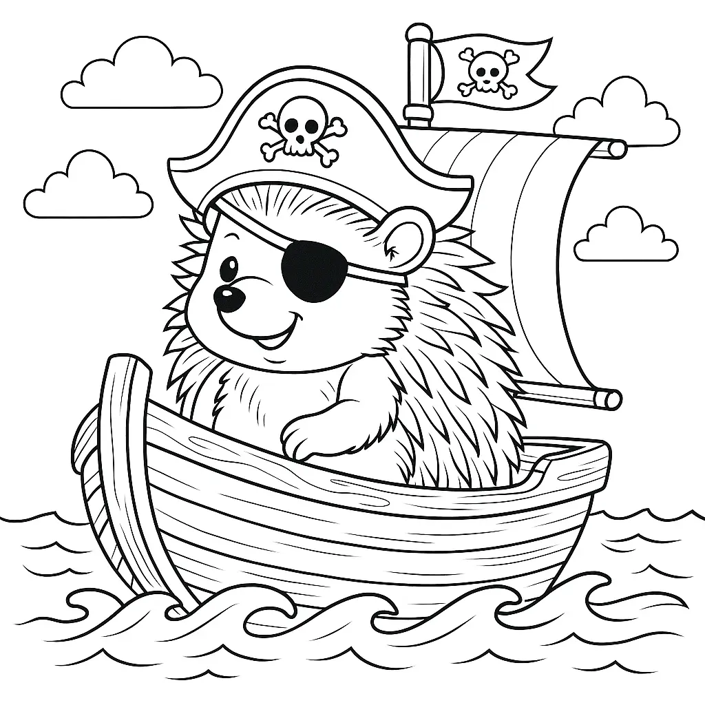 28 Ausmalbilder Igel (Kostenlose Malvorlage PDF zum drucken) Igel mit Piratenhut auf kleinem Schiff mit Segel und Flagge – Ausmalbild