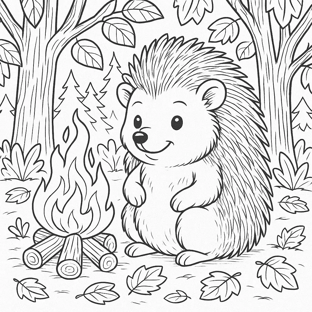 28 Ausmalbilder Igel (Kostenlose Malvorlage PDF zum drucken) Igel sitzt gemütlich im Wald neben einem kleinen Lagerfeuer, umgeben von Bäumen und Blättern. Ideal zum Ausmalen.