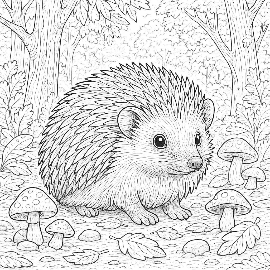 28 Ausmalbilder Igel (Kostenlose Malvorlage PDF zum drucken) Niedliches Ausmalbilder Igel im Wald mit Pilzen und Blättern – kostenloser Download