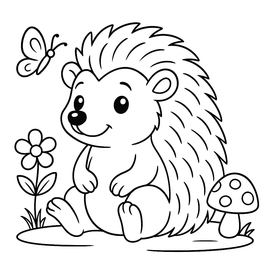 28 Ausmalbilder Igel (Kostenlose Malvorlage PDF zum drucken) Niedliches Igel Ausmalbild für Kinder mit Schmetterling, Blume und Pilz – kostenloses PDF