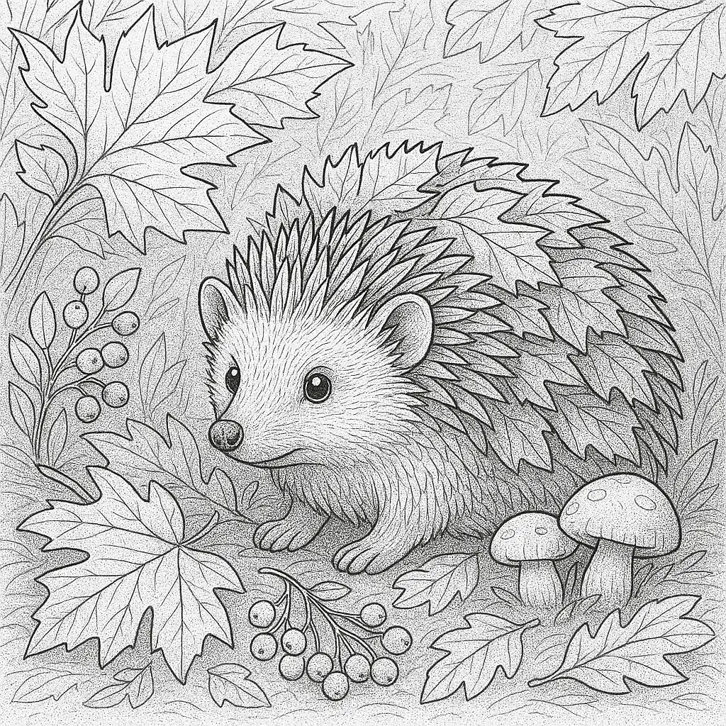 28 Ausmalbilder Igel (Kostenlose Malvorlage PDF zum drucken) Igel im Herbst Ausmalbild mit Blättern, Beeren und Pilzen – kostenloses PDF