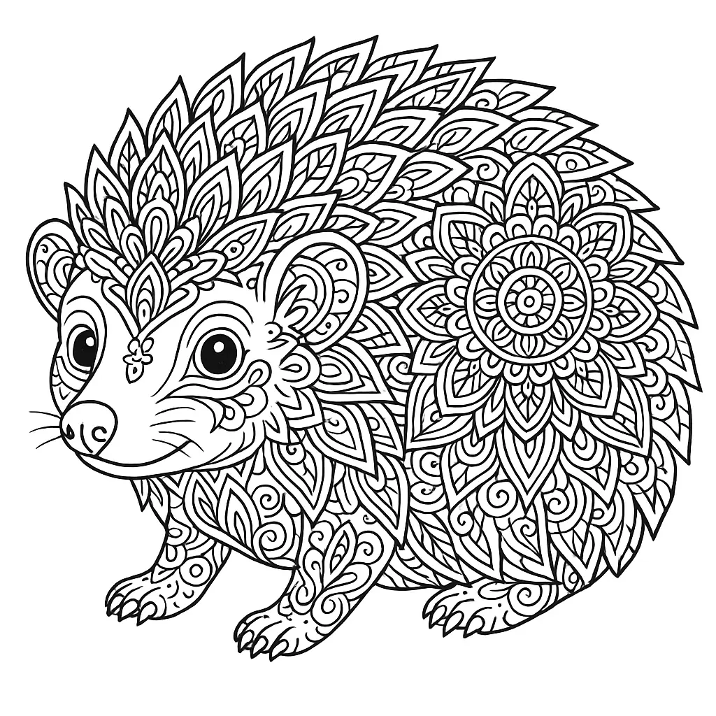 28 Ausmalbilder Igel (Kostenlose Malvorlage PDF zum drucken) Image ALT Text: Igel Mandala Malvorlage mit komplexen Mustern – ideal für Erwachsene zum Ausmalen