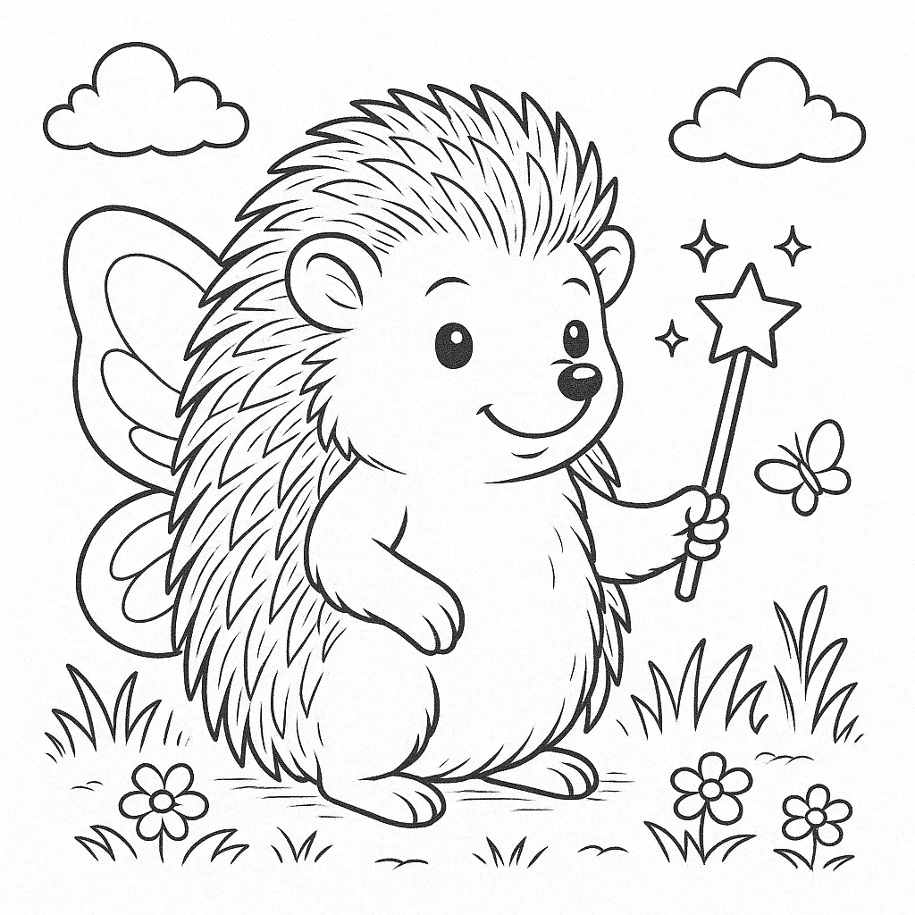 28 Ausmalbilder Igel (Kostenlose Malvorlage PDF zum drucken) Igel mit Flügeln und Zauberstab in einer fantasievollen Frühlingsszene mit Blumen und Schmetterling.