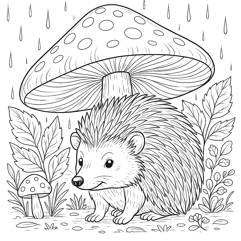 28 Ausmalbilder Igel (Kostenlose Malvorlage PDF zum drucken) Igel sitzt unter einem großen Pilz im Regen – Ausmalbild als PDF