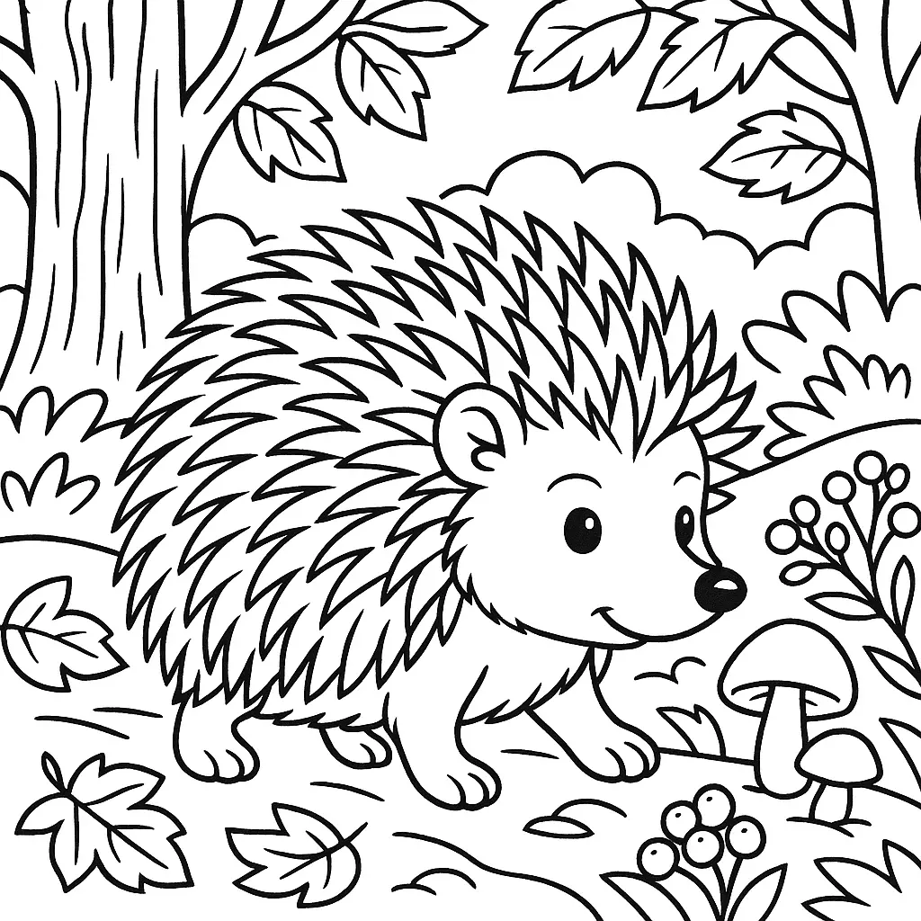 28 Ausmalbilder Igel (Kostenlose Malvorlage PDF zum drucken) Ausmalbild: Igel spaziert durch den Wald mit Bäumen, Blättern und Pilzen – kostenloses PDF