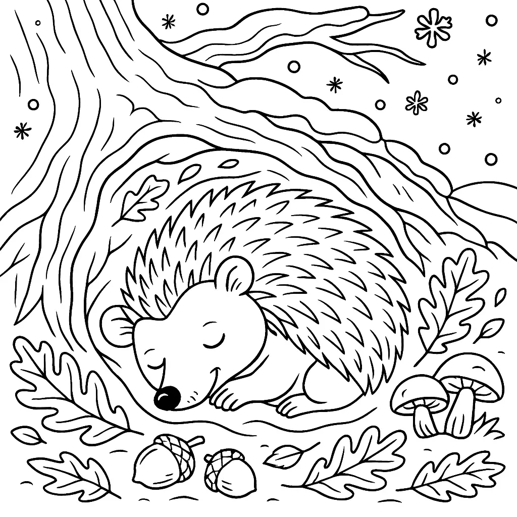 28 Ausmalbilder Igel (Kostenlose Malvorlage PDF zum drucken) Sauberes Igel Winterschlaf Ausmalbild unter Baum mit Eicheln, Blättern und Schnee – PDF
