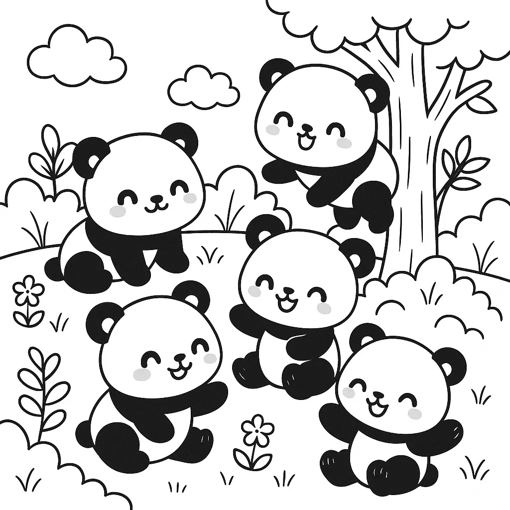 18 Panda Ausmalbilder (Kostenlose Malvorlagen zum Ausdrucken) Viele Kawaii Pandas spielen im Park – Ausmalbilder Panda zum Ausdrucken