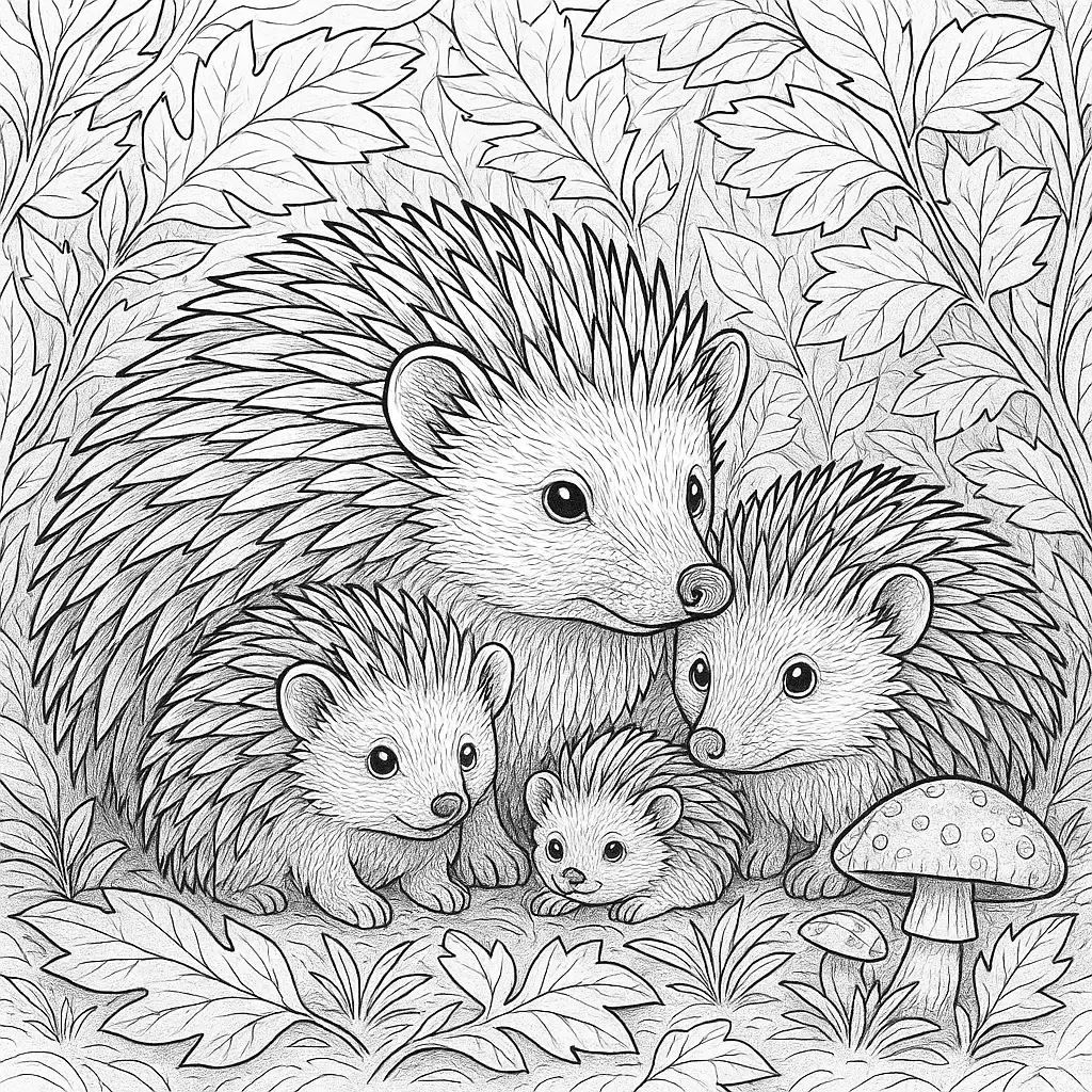 28 Ausmalbilder Igel (Kostenlose Malvorlage PDF zum drucken) Ausmalbild einer kleinen Igelfamilie im Wald mit Blättern und Pilzen