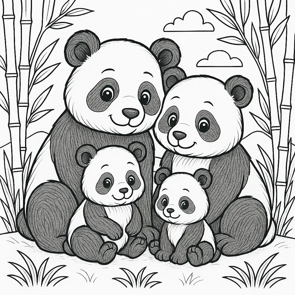 18 Panda Ausmalbilder (Kostenlose Malvorlagen zum Ausdrucken) Kleine Panda Familie im Bambuswald – Ausmalbilder Panda zum Ausdrucken