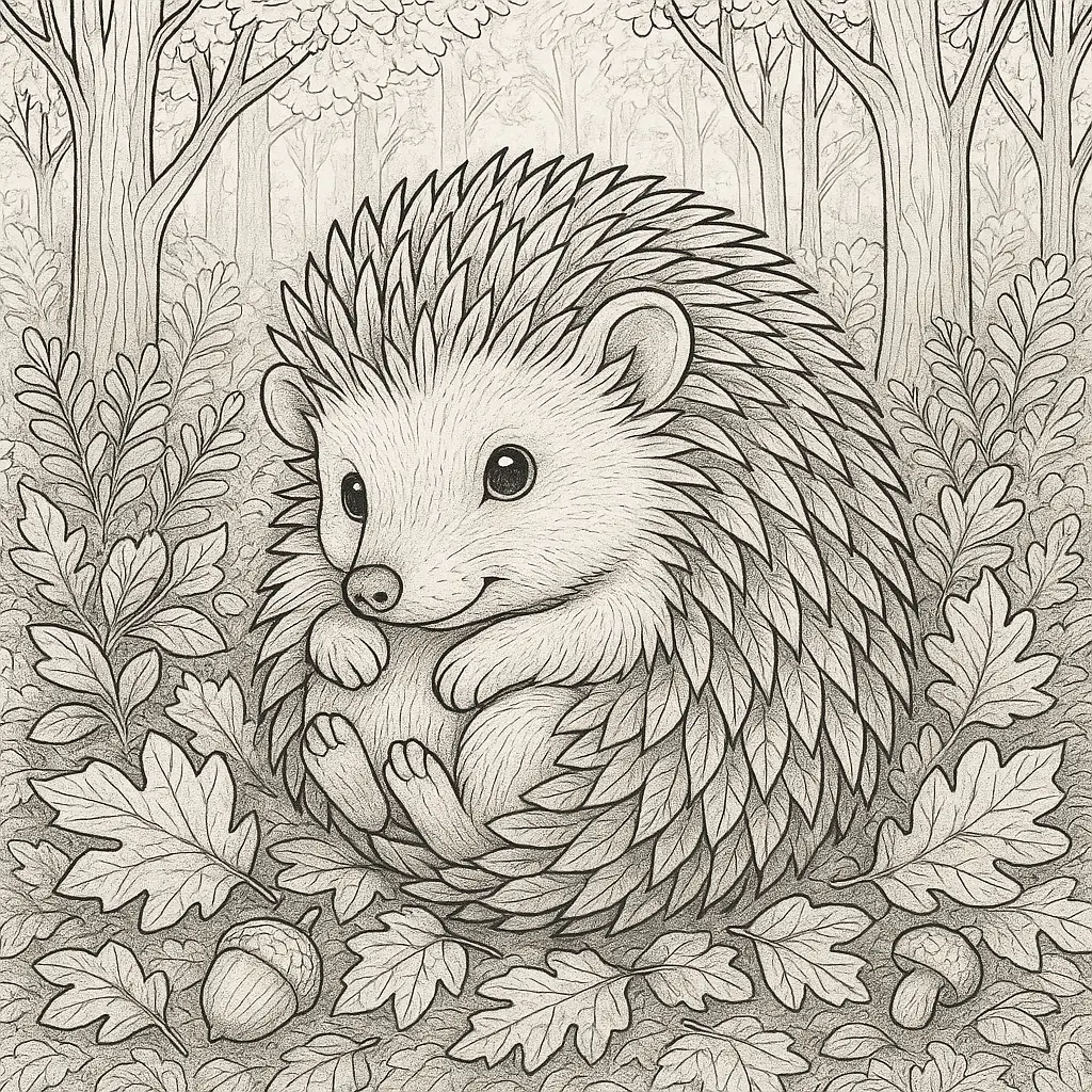 28 Ausmalbilder Igel (Kostenlose Malvorlage PDF zum drucken) Kleines Igel Ausmalbild im Herbstwald mit Eicheln und Blättern