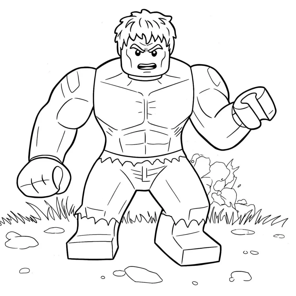 20 Hulk Ausmalbilder (Marvel Malvorlagen Kostenlos drucken) Lego Hulk zerschmettert einen feindlichen Roboter – spannendes Ausmalbild im Baustein-Stil für Kinder.