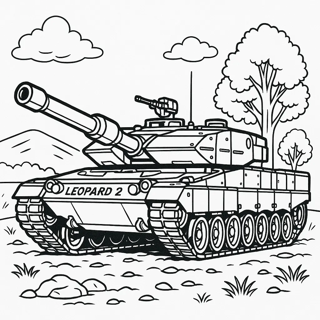 18 Panzer Ausmalbilder (Kostenlose Malvorlage zum Ausdrucken) Leopard 2 Panzer Ausmalbild – detaillierter Kampfpanzer in Landschaft mit Bäumen und Bergen