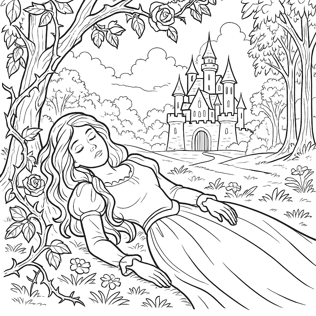 14 Dornröschen Ausmalbilder (Gratis Malvorlagen zum drucken) Dornröschen schläft in einer Waldlichtung unter einem Rosenbaum, mit Blick auf ein großes Märchenschloss – einzigartiges Ausmalbild