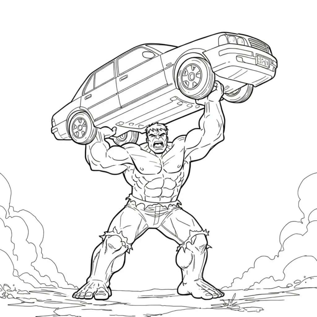 20 Hulk Ausmalbilder (Marvel Malvorlagen Kostenlos drucken) Der Hulk hebt wütend ein Auto über seinen Kopf – beeindruckende Marvel-Szene als Malvorlage. Malvorlage Hulk hebt Auto hoch – PDF zum Ausdrucken