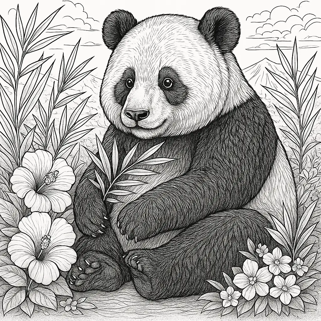 18 Panda Ausmalbilder (Kostenlose Malvorlagen zum Ausdrucken) Panda Ausmalbild für Erwachsene – Panda im Blumenfeld