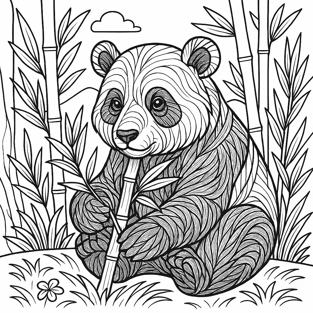 18 Panda Ausmalbilder (Kostenlose Malvorlagen zum Ausdrucken) Detailliertes Panda Ausmalbild im Bambuswald – Panda zum Ausdrucken