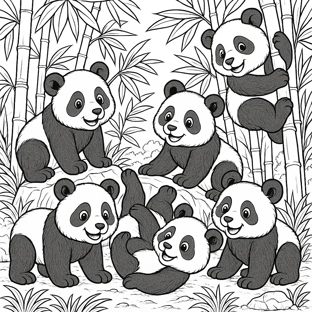 18 Panda Ausmalbilder (Kostenlose Malvorlagen zum Ausdrucken) Viele spielende Panda Kinder im Bambuswald – Ausmalbilder Panda zum Ausdrucken