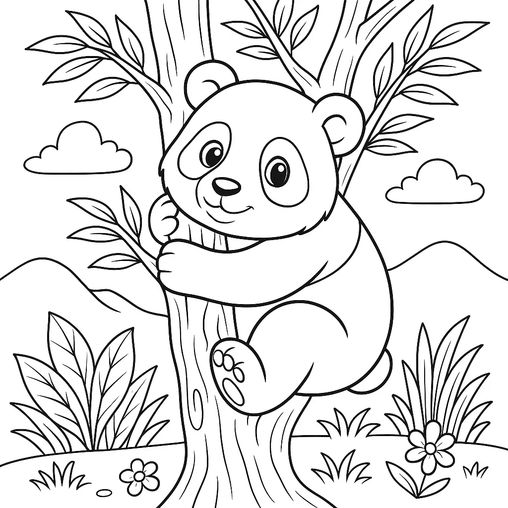 18 Panda Ausmalbilder (Kostenlose Malvorlagen zum Ausdrucken) Niedlicher Panda klettert auf einen Baum – Panda Malvorlage zum Ausdrucken