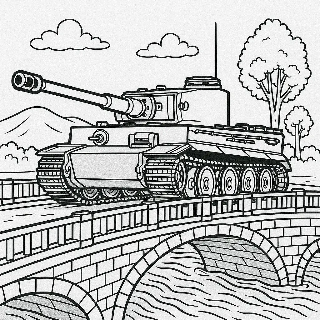 18 Panzer Ausmalbilder (Kostenlose Malvorlage zum Ausdrucken) Panzer Malvorlage – schwerer Panzer überquert eine Steinbrücke über einen Fluss