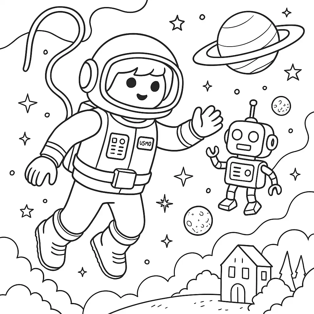 20+ Playmobil Ausmalbilder (Kostenlose Malvorlage für Kinder) Playmobil Ausmalbild mit Astronaut, der im Weltraum neben einem Roboter schwebt
