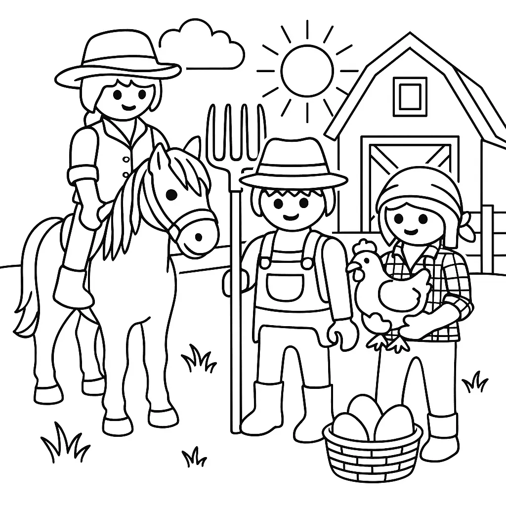 20+ Playmobil Ausmalbilder (Kostenlose Malvorlage für Kinder) Playmobil Ausmalbild mit Bauernhof: Mädchen auf Pferd, Bauer mit Heugabel und Frau mit Huhn vor Scheun