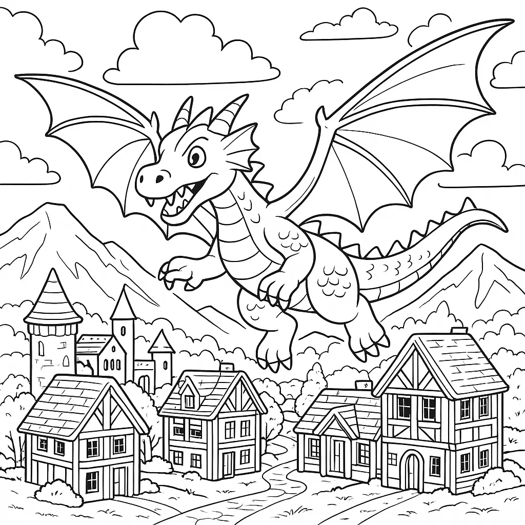 20+ Playmobil Ausmalbilder (Kostenlose Malvorlage für Kinder) Playmobil Ausmalbild mit fliegendem Drachen über Fantasiedorf mit Häusern und Bergen