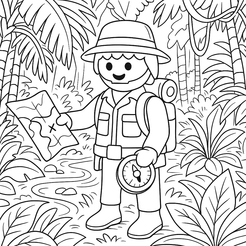 20+ Playmobil Ausmalbilder (Kostenlose Malvorlage für Kinder) Playmobil Ausmalbild mit Entdecker im Dschungel, der eine Karte und einen Kompass in der Hand hält