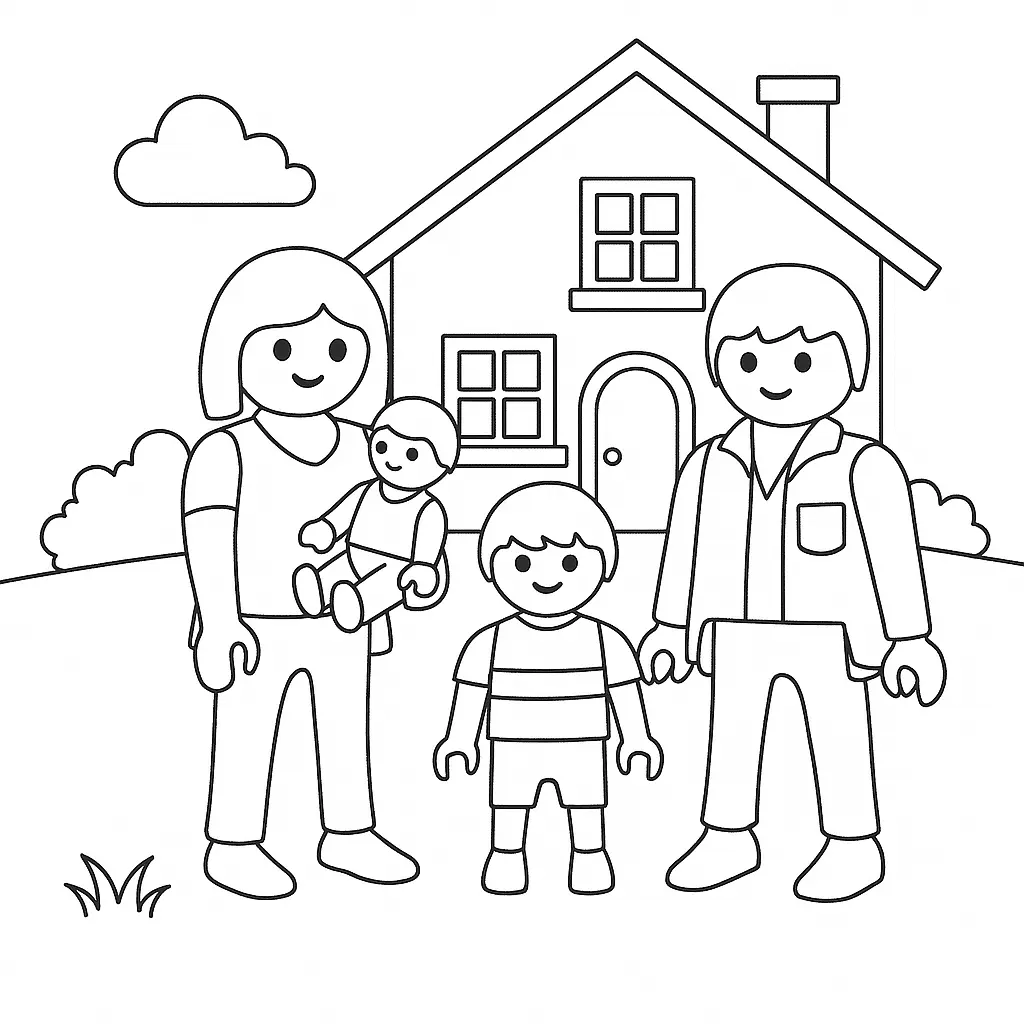 20+ Playmobil Ausmalbilder (Kostenlose Malvorlage für Kinder) Playmobil Ausmalbild mit Familie vor ihrem Haus mit Garten