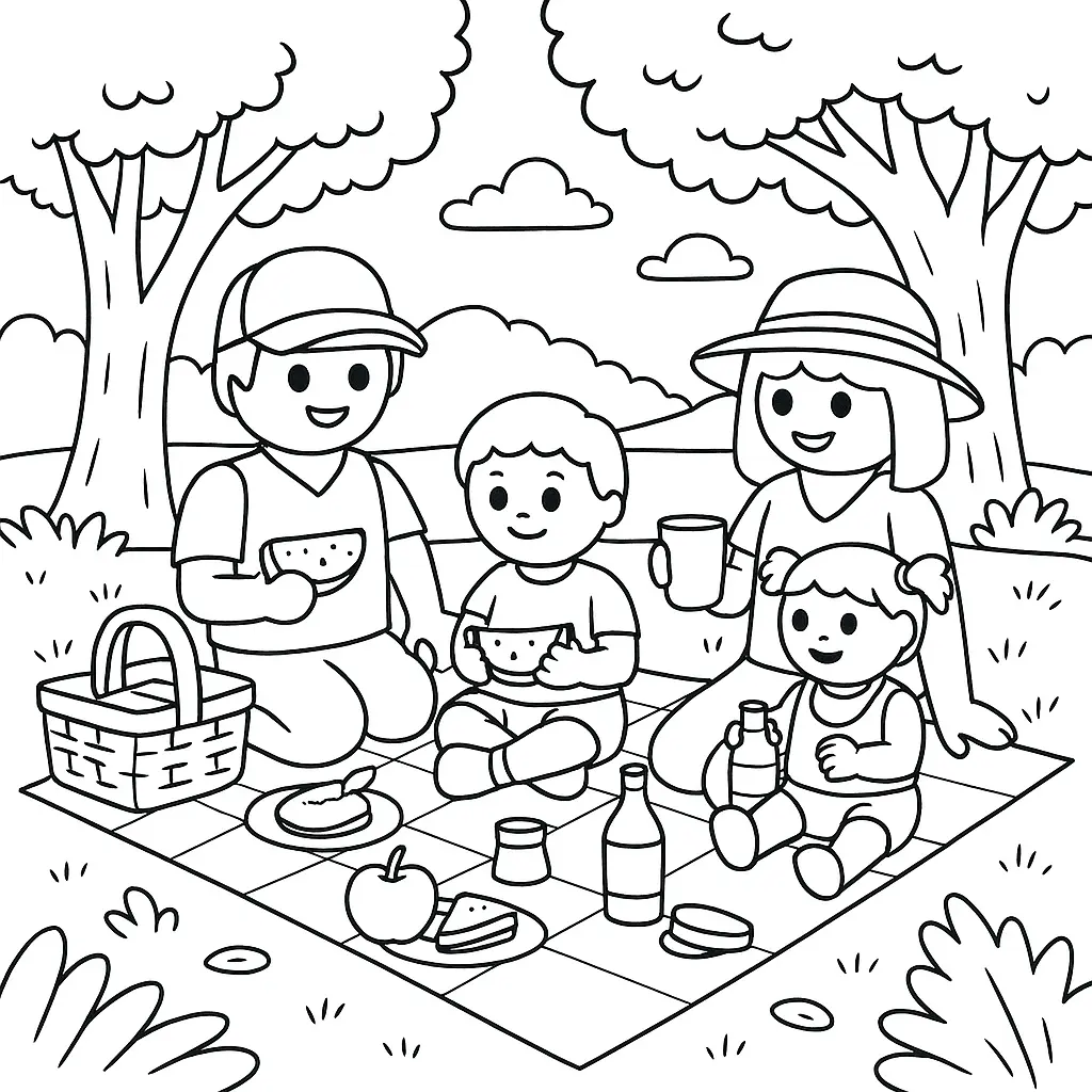 20+ Playmobil Ausmalbilder (Kostenlose Malvorlage für Kinder) Playmobil Ausmalbild mit Familie beim Picknick im Park mit Decke, Essen und Bäumen