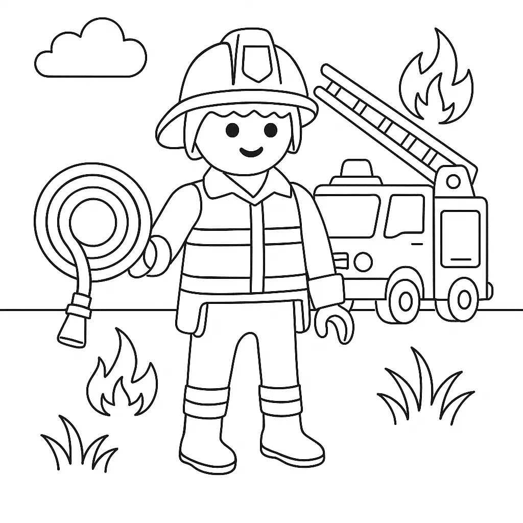 20+ Playmobil Ausmalbilder (Kostenlose Malvorlage für Kinder) Playmobil Ausmalbild mit Feuerwehrmann und Feuerwehrauto beim Löschen eines Feuers