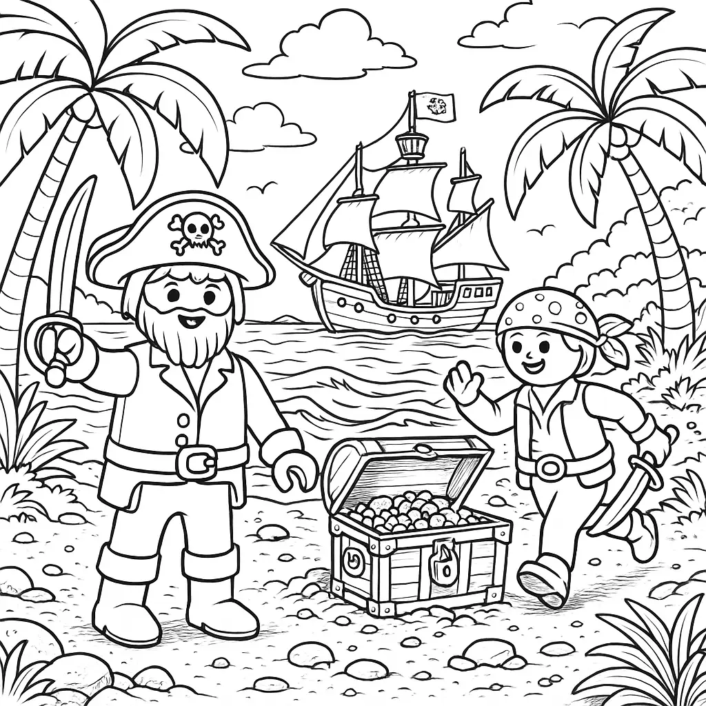 20+ Playmobil Ausmalbilder (Kostenlose Malvorlage für Kinder) Playmobil Ausmalbild mit Piraten auf Schatzsuche mit Schiff, Insel und Schatztruhe