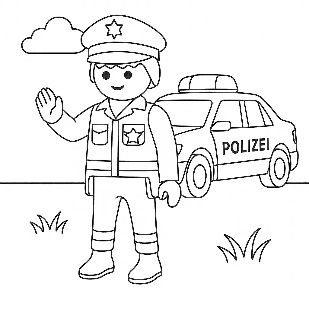 20+ Playmobil Ausmalbilder (Kostenlose Malvorlage für Kinder) Playmobil Ausmalbild mit Polizist vor Polizeiauto in Einsatzszene