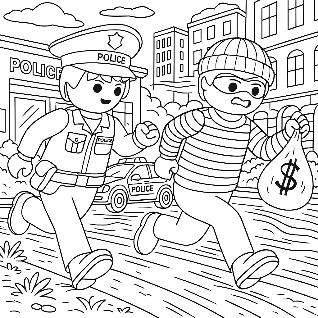 20+ Playmobil Ausmalbilder (Kostenlose Malvorlage für Kinder) Playmobil Ausmalbild mit Polizist, der einen Dieb jagt – dynamische Verfolgungsszene mit Polizei und Räuber
