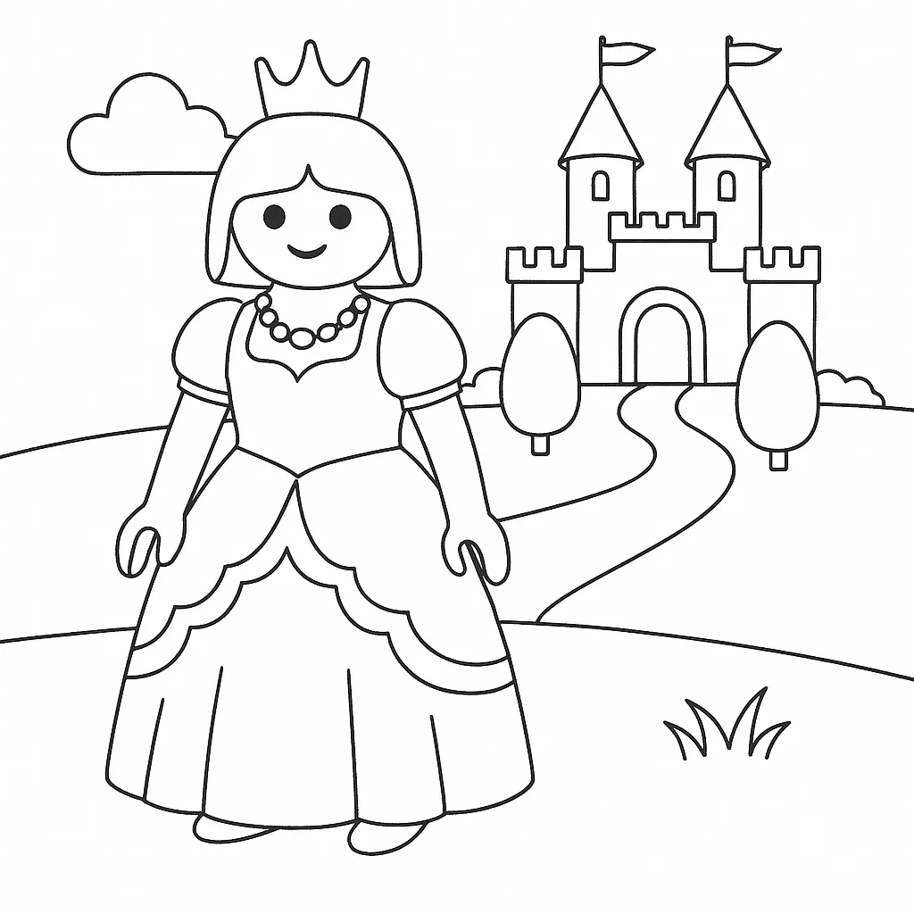 20+ Playmobil Ausmalbilder (Kostenlose Malvorlage für Kinder) Playmobil Ausmalbild mit Prinzessin im Kleid vor einem Schloss mit Garten