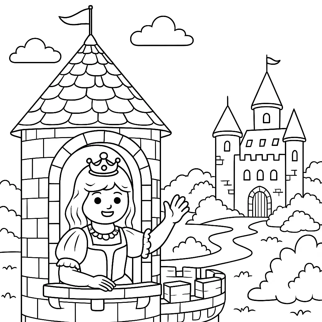 20+ Playmobil Ausmalbilder (Kostenlose Malvorlage für Kinder) Playmobil Malvorlage mit Prinzessin, die aus dem Schlossturm winkt