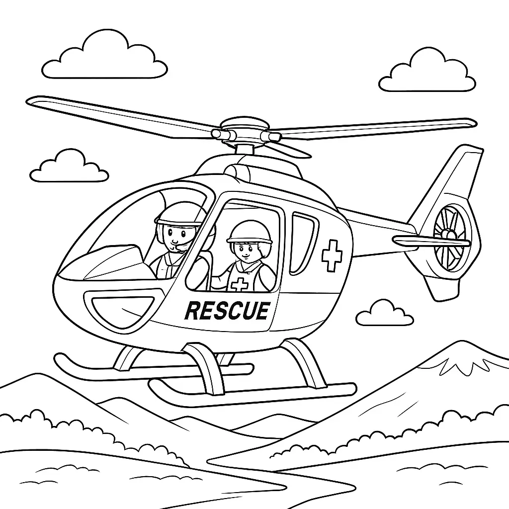 20+ Playmobil Ausmalbilder (Kostenlose Malvorlage für Kinder) Playmobil Ausmalbild mit Rettungshubschrauber, der durch den Himmel fliegt