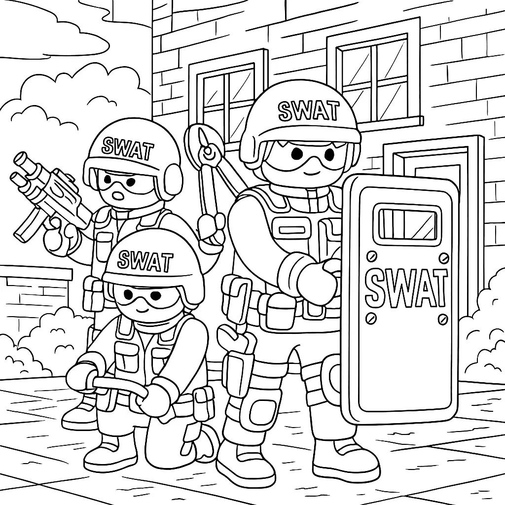 20+ Playmobil Ausmalbilder (Kostenlose Malvorlage für Kinder) Playmobil Ausmalbild mit SWAT-Team im Einsatz mit Ausrüstung und taktischer Kleidung